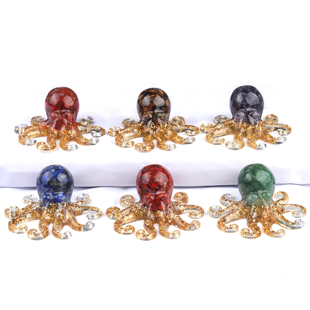 Natural Crystal Agate Stone, Crushed Stone, Adhesive Resin, Octopus, Squid Tabletop Landscape Ornaments, Home Crafts Daily Gifts