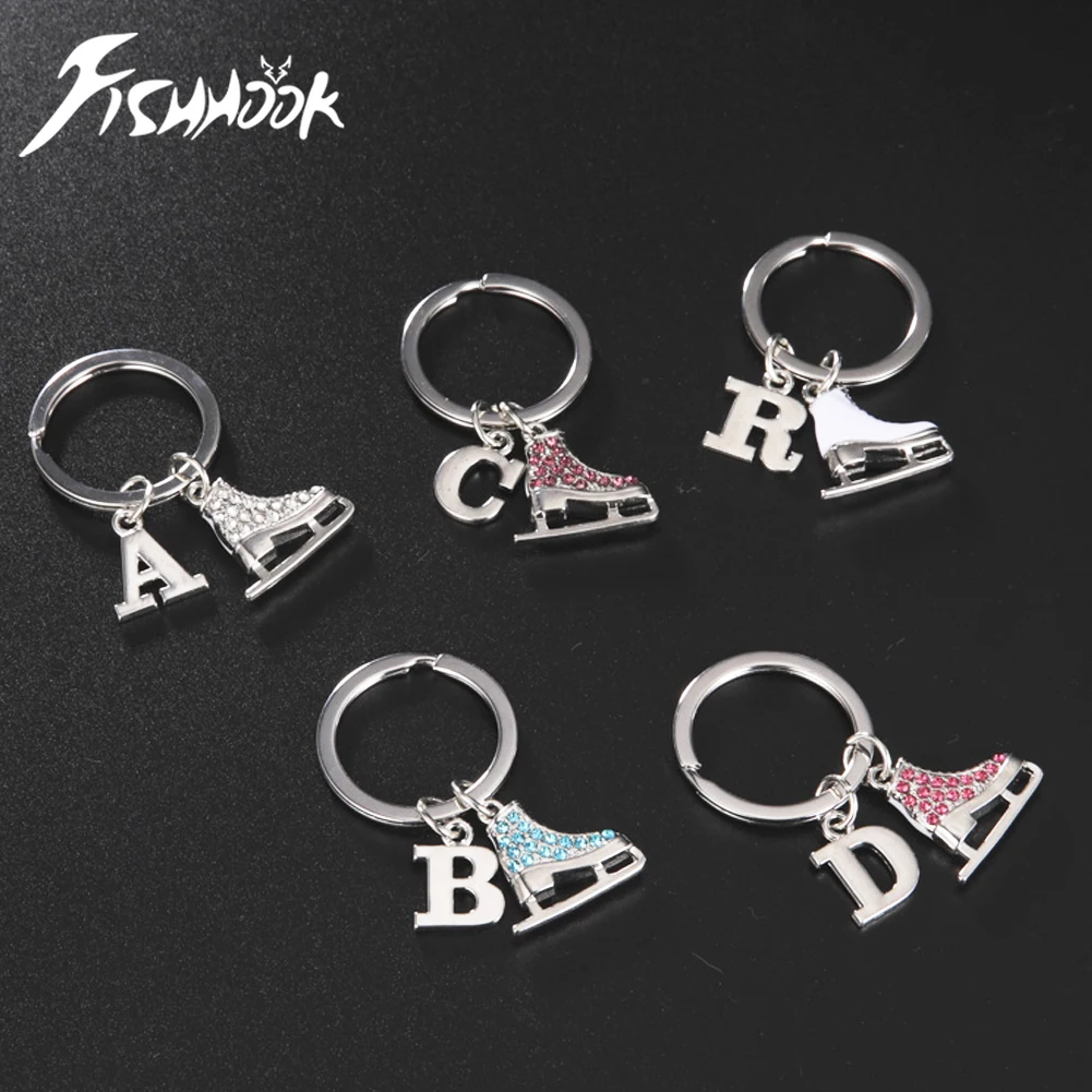 Ice Skate Shoes Key Chain Ring Zircon Crystal Keychain Luxury Initial Letter Pendant Enamel Gift For Woman Men Family Jewelry