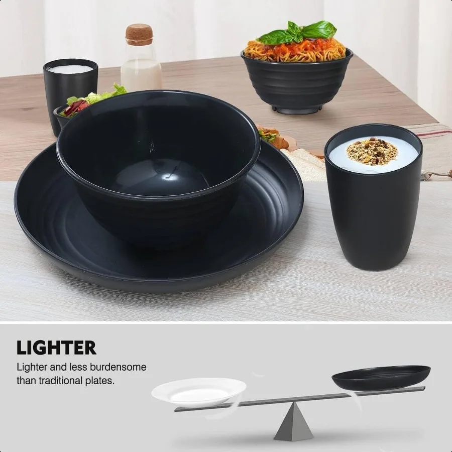 12pçs conjuntos de louça de palha de trigo de plástico, conjuntos de pratos e tigelas de palha de trigo para 4 entradas de dormitório universitário, máquina de lavar louça de micro-ondas