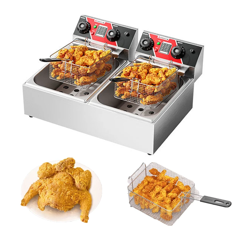 Commercial Electric Deep Fryer w/Dual Tanks 20L Countertop Fryer w/Oil Filter and Timed for Fried Chicken French Frie