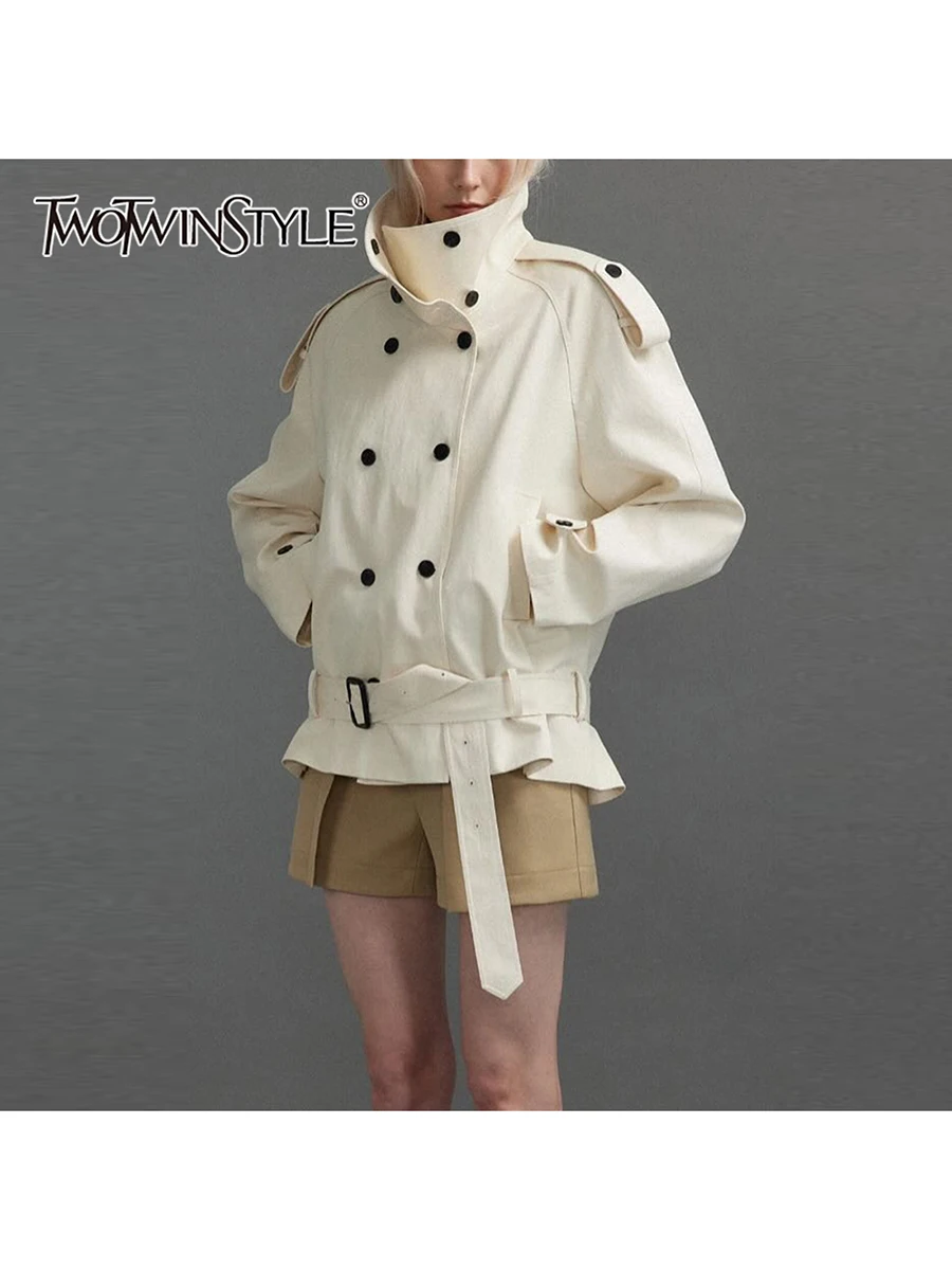

TWOTWINSTYLE Loose Spliced Lace Up Fashion Trenchs for Women Stand Neck Long Sleeves Patchwork Double Breasted Trench Female New