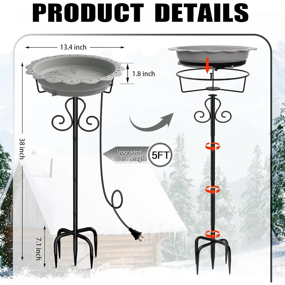 Bagno per uccelli riscaldato da 100 W per l'inverno all'aperto con controllo del termostato, base a 5 poli, ciotola grigia