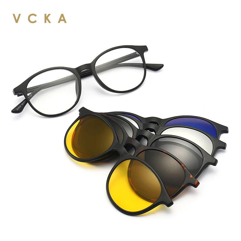 VCKA Magnet Clip Sunglasses Polarized Glasses Prescription Men Women Round Frame Anti Blue Ray Computer Spectacles Night Vision