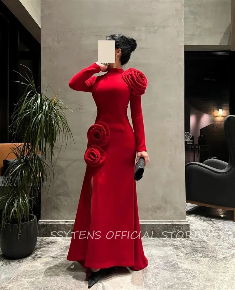 Klassisches rotes Meerjungfrauen-Kleid mit hohem Halsausschnitt, maßgeschneiderte Anlasskleider, 3D-Blumen, formelles Abendkleid, knöchellang, einfaches besonderes Partykleid