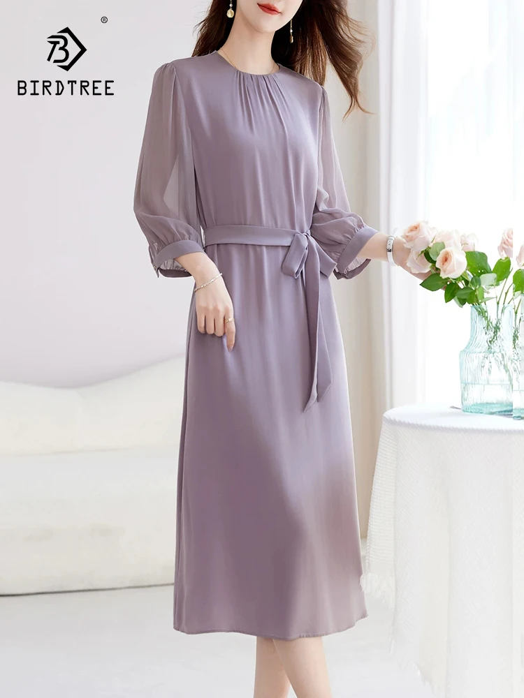

BirdTree-91.8%Silk 8.2%Spandex Elegant Dress, 3/4 Sleeve Solid, Women Temperament Simplicity Loose Dresses, 2026 Spring D63148CC