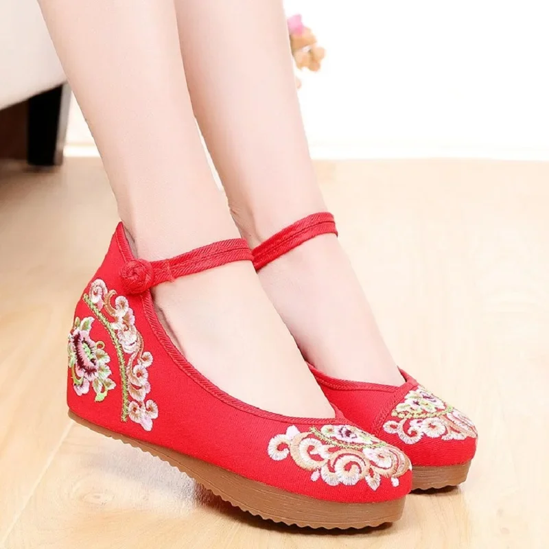 Comemore Women Red Summer Ankle Strap Spring Autumn Pumps China Embroiders Wedges Low Heels 2023 Cloth Shoes Medium Heel Dress