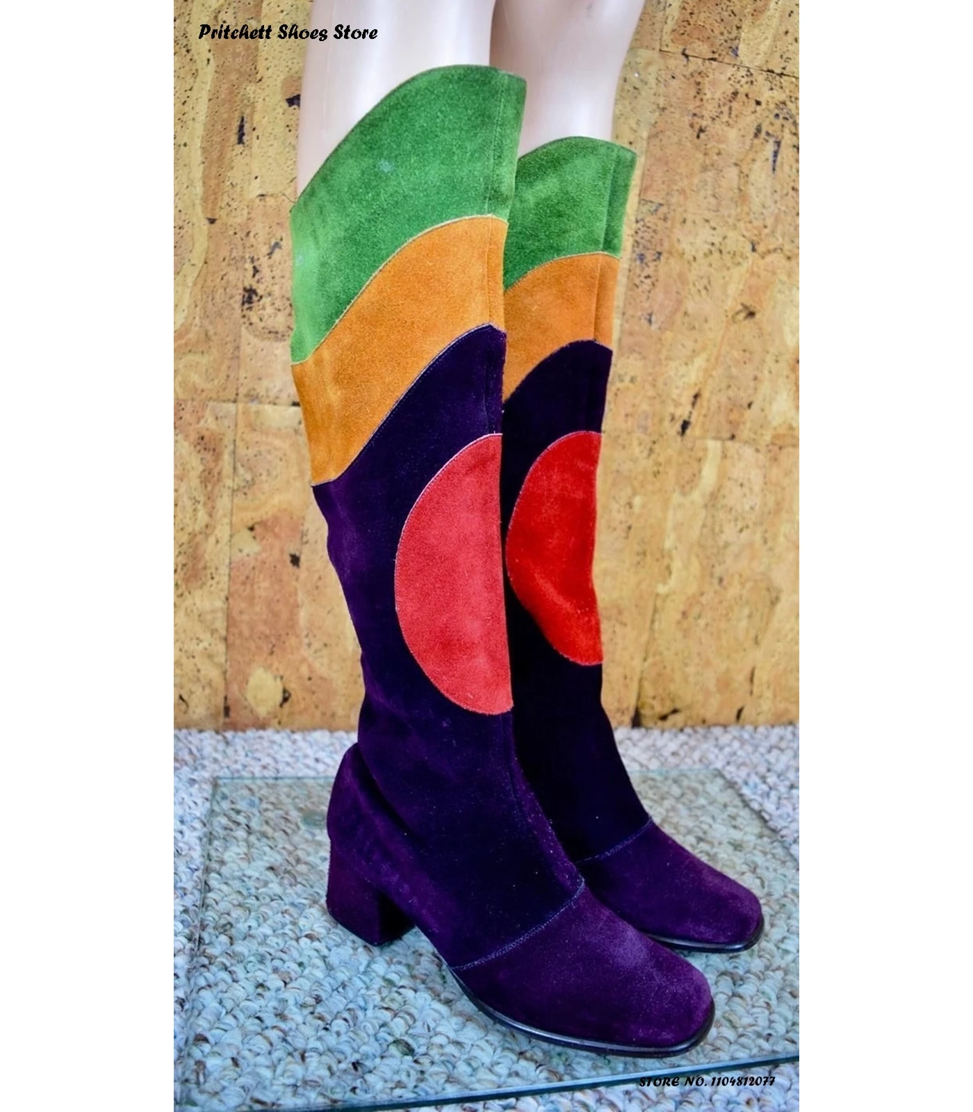Women's Geometric Colorblock Suede Boots Square Toe Chunky Heel Trending Shoes Street Style Side Zip Patchwork Knee-high Boots