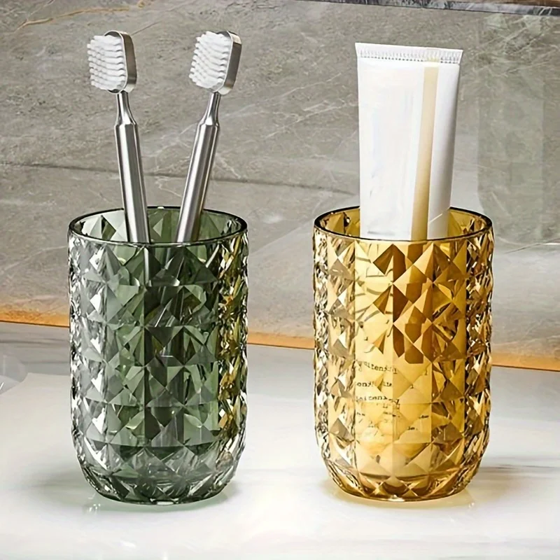 1pc Solid Color Mouthwash Cup, Couple Toothbrush Cup, Plastic Gargle Cup, Geometric Textured Bathroom Tumbler, Bathro