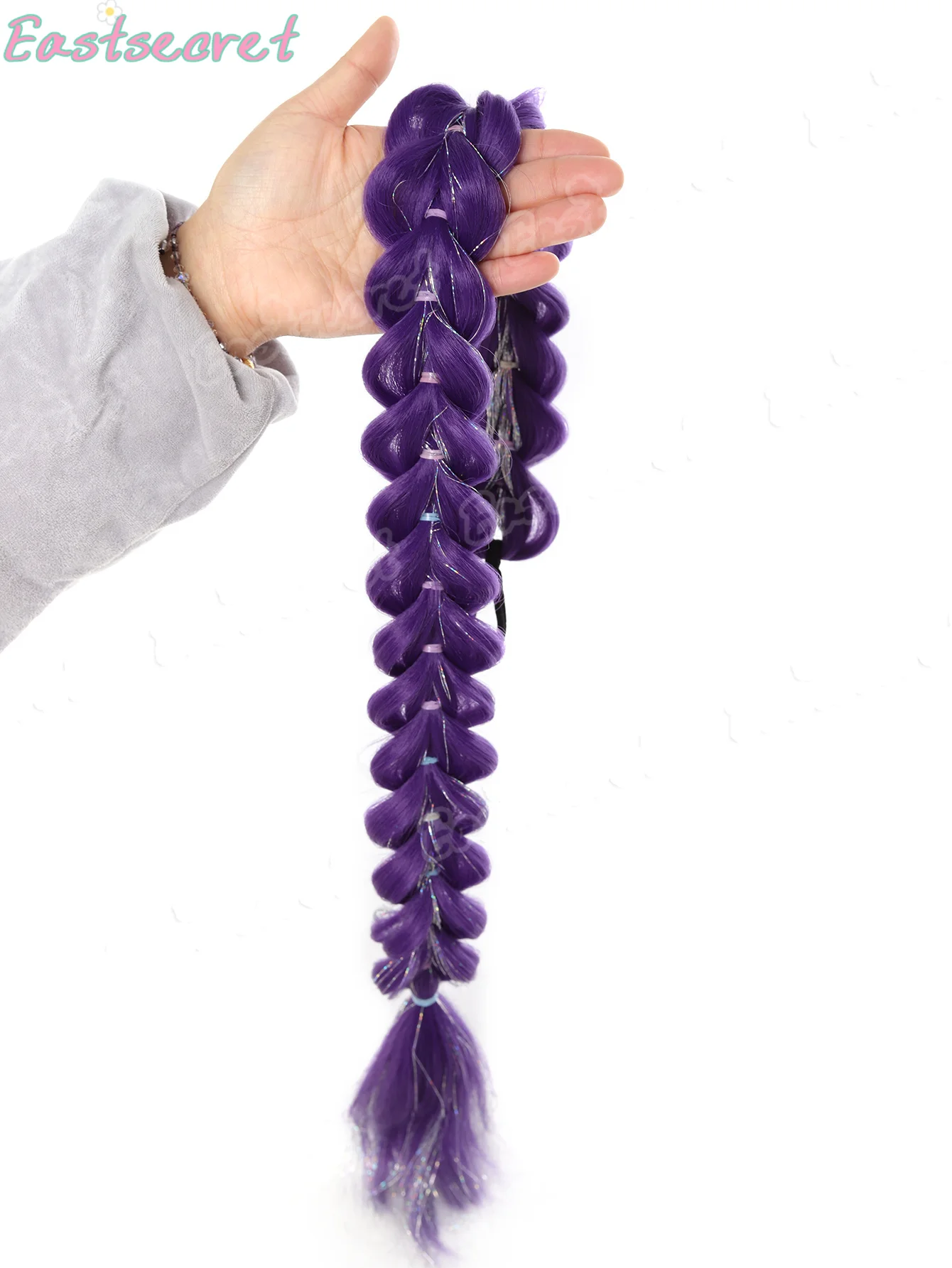 

Black rubber band headdress with Synthetic purple Silver thread braid wig for women cosplay party Halloween gifts Ponytail wig