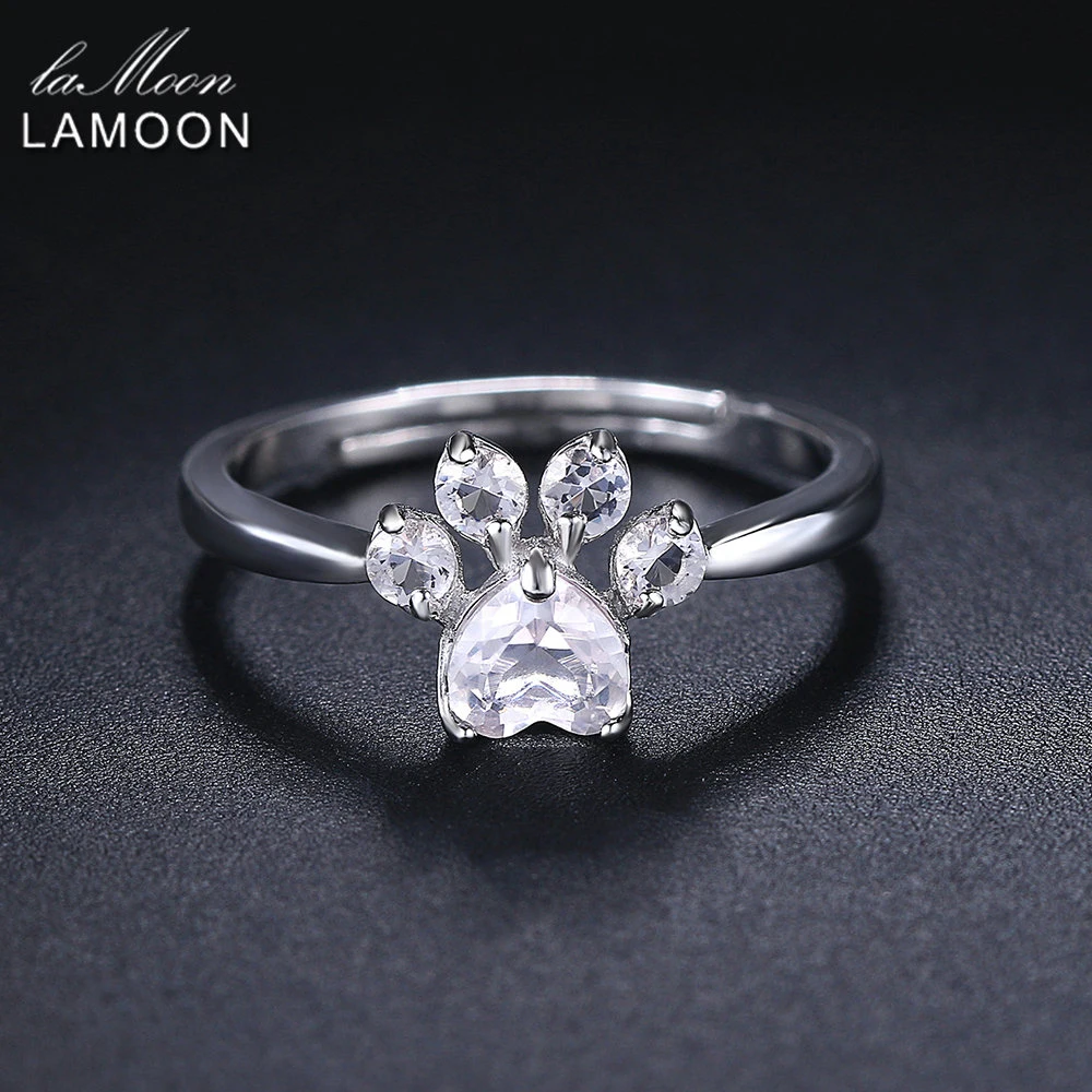 LAMOON S925 100% Natural Pure Clear Gemstone Cute Bear's Paw Ring For Women 925 Sterling Silver White Gold Fine Jewelry RI036