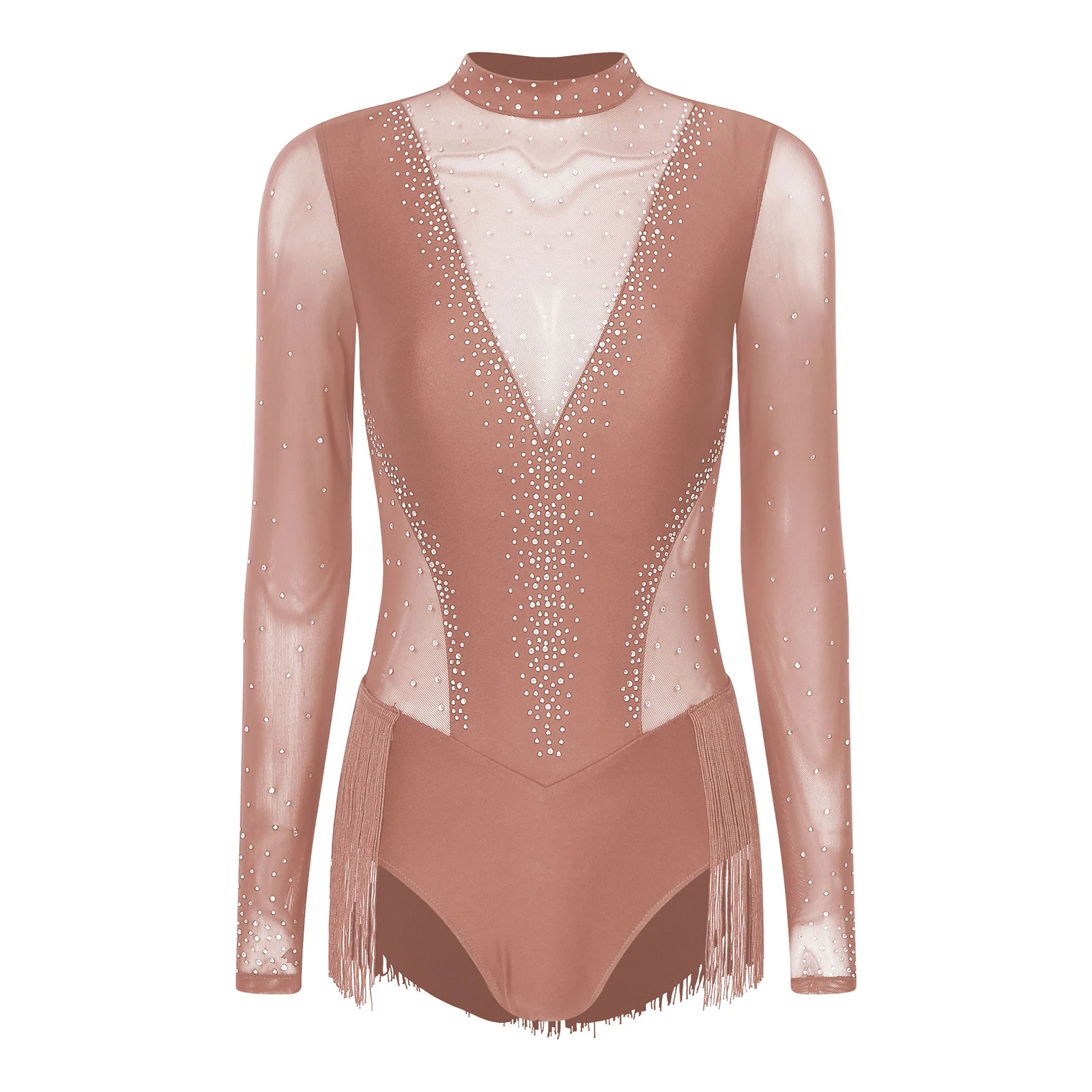 Women Latin Tango Tassel Leotard Dance Dress Shiny Rhinestones Figure Skating Bodysuit Sheer Mesh Salsa Cha Cha Ballroom Costume