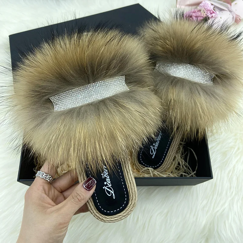 Slippers Woman Real Fur Sandals Summer Luxury Crystal Fluffy Slippers Ladies House Slippers 2022 Female Flats Flip Flops Slides