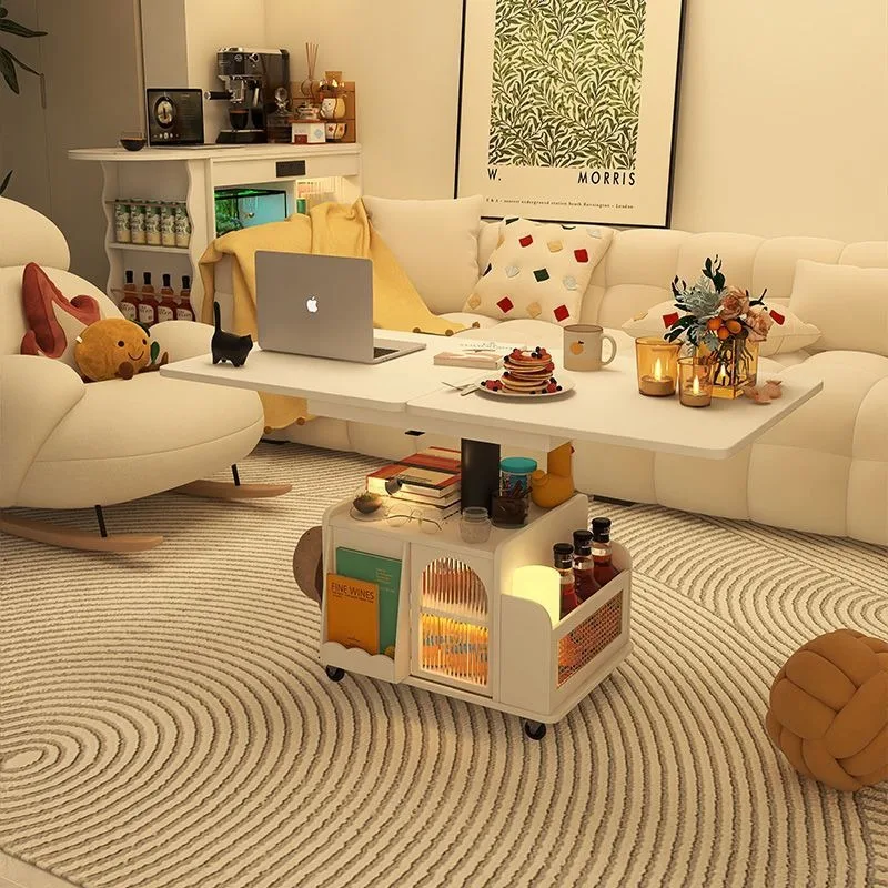 White lifting coffee table foldable dining table mobile cart tea tea dual-purpose living room sofa side cabinet all solid wood