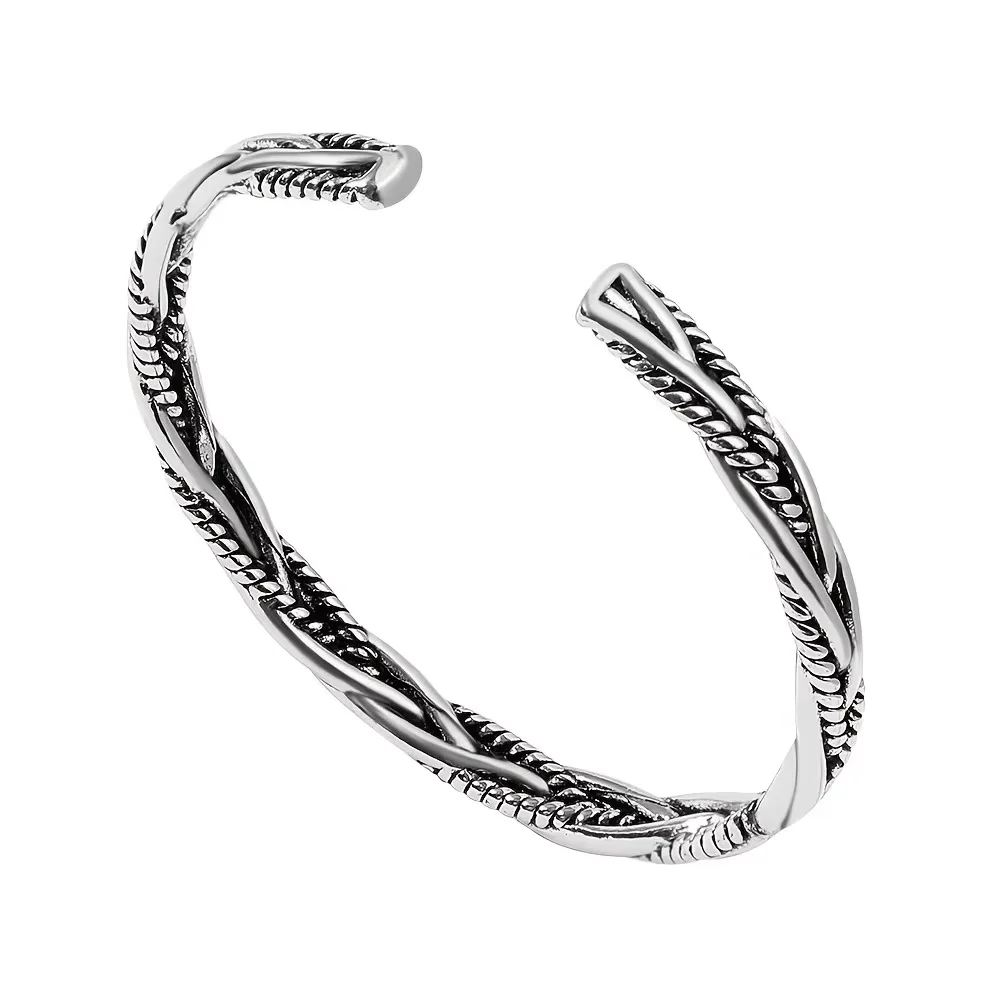 One, European and American Antique Silver Bracelet, Male and Female Personality, Fried Dough Twists Opening Adjustable Bracelet