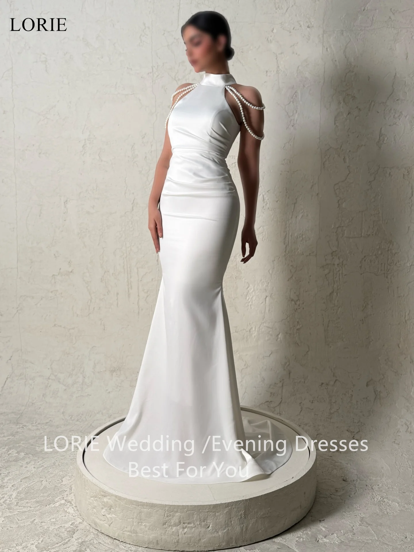 LORIE Eenvoudige Vlek Trouwjurken Hoge Hals Parels Zeemeermin Bruid Galajurk Plooien Vloerlengte Bruidsjurken Aangepast