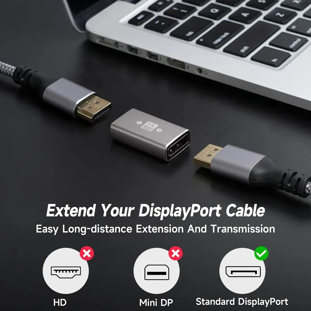 Gold-Plated DisplayPort1.4 Adapter Support 8K@60Hz 4K@144Hz HDR Video Alloy Shell DP Cable Extender for Desktop Computer Monitor