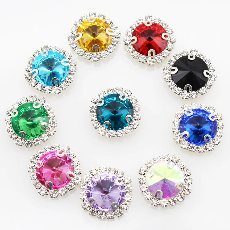 10pcs 18mm Round Shiny Rhinestone Satellite Stone Silver Base D Claw Flat Bottom Button DIY Handmade Shoes and Hats Clothing Sew