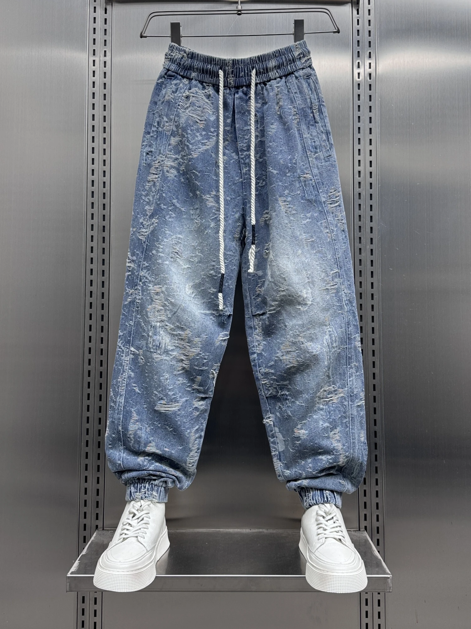 

Spring 2025 Men's Loose Fit Wide Leg Jeans Faionable Embroidery Proc Youthful Trendy Brand Dstring Waist Long Pants