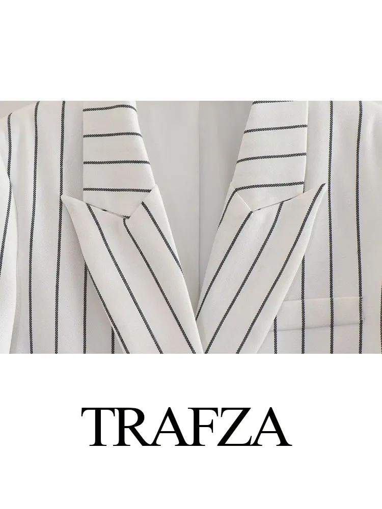 TRAFZA Lady Loose Sets Turn-Down Collar Double Breasted Coats+V-Neck Single Breasted Vest+Striped Trouser Female Three-Piece Set