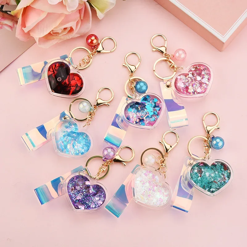 2025 New Valentine\'s Day Gift Love  Heart Key Chain Glitter Flowing Liquid Car Keyring For Women Bag Charm Lovely Cute Jewelry