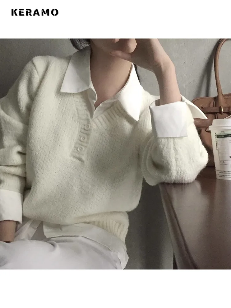 2025 Winter Korean Fashion Knit Long Sleeve Pullovers Women Casual Fake Two Piece Jumpers Y2K Patchwork Turn Down Collar Sweater