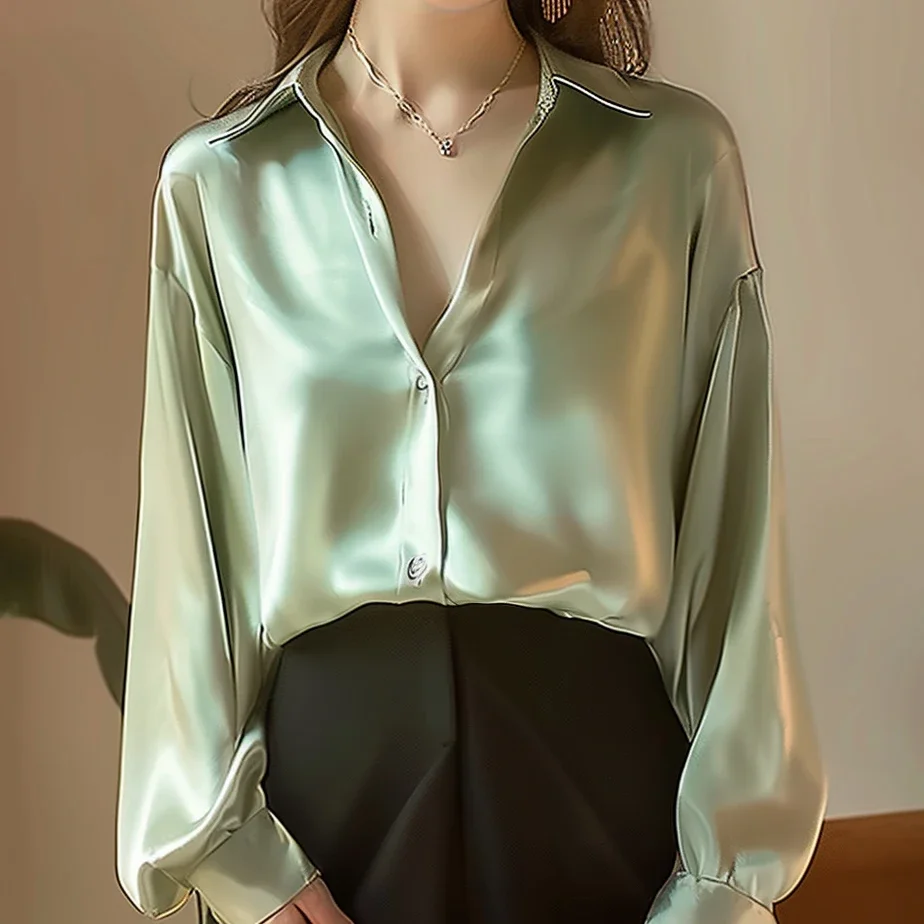 2024 Autumn Trend Fashion Women\'s Casual Elegant Satin Long Sleeved Shirt Office Women\'s Shirts And Blouses Slim Femal Clothes