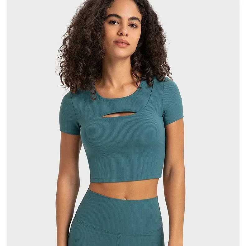 

Lemon Hollow Sexy Rib Sports Short Sleeve Women Fitness Tight Short Shirt Soft Top Yoga T-Shirt Comprehensive Training Gym Jog