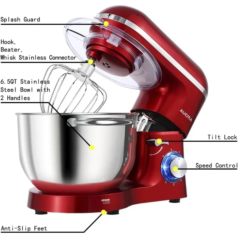 Aucma Stand Mixer,6.5-QT 660W 6-Speed Tilt-Head Food Mixer, Kitchen Electric Mixer with Dough Hook, Wire Whip & Beater