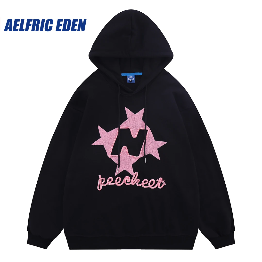 Aelfric Eden Stellaris Embroidered Hoodie Y2K Star Letters Pullover Streetwear Hip-hop Retro Splicing Harajuku Casual Hoodie