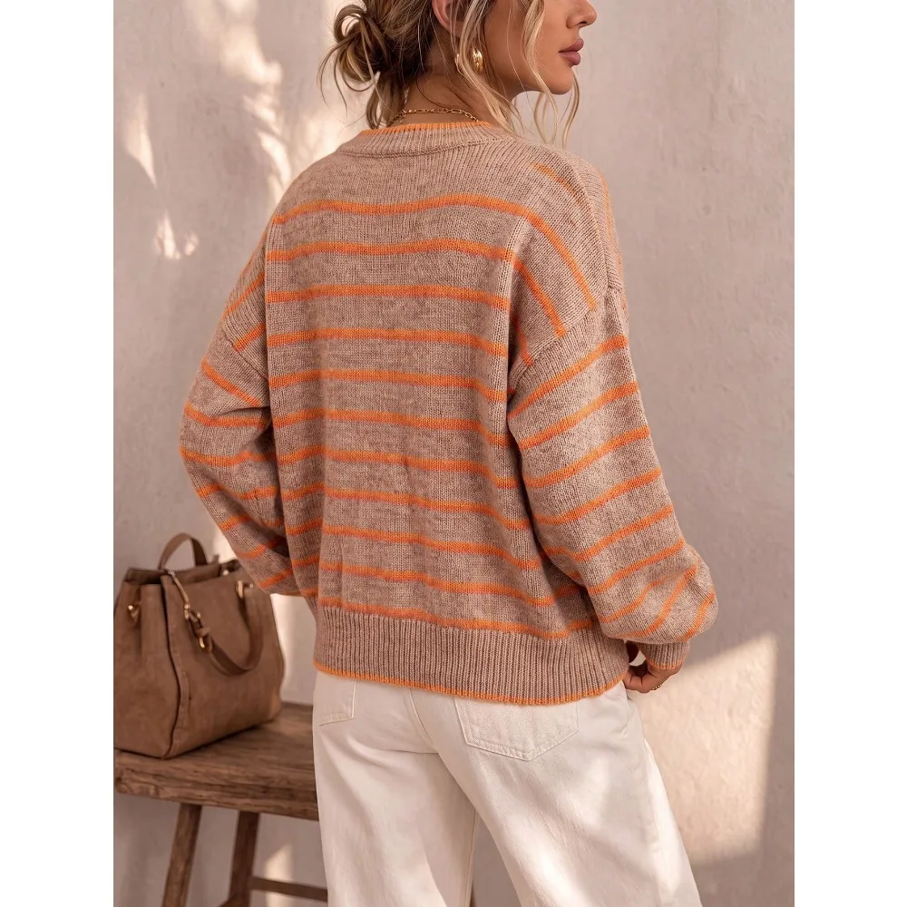 2026 Series Women's Knitted Sweater Jacket with Striped Contrasting Color Retro Casual Loose Design Button Cardigan Elegant