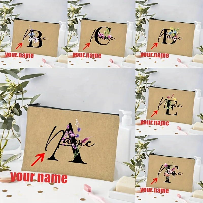 Personalized Floral Letter Linen Makeup Bag Custom Name Cosmetic Pouch Lightweight Travel Toiletry Organizer with Zipper Closure