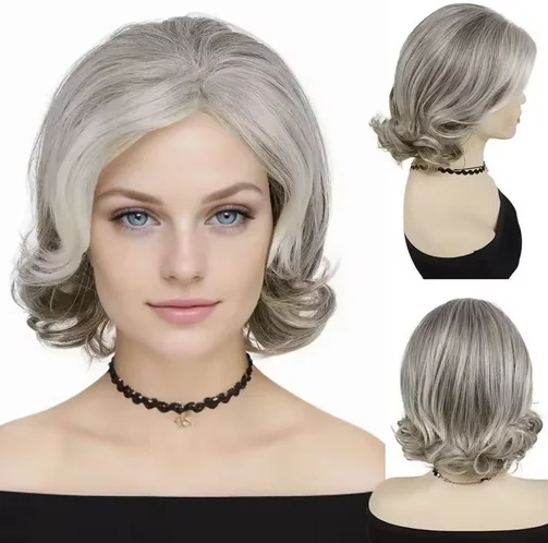 Premium Synthetic Grey Wigs for Women Short Curly Wig Messy Hair Top Styles Fluffy Wavy Mixed Gray Mommy Wig Granny Grandma Wigs