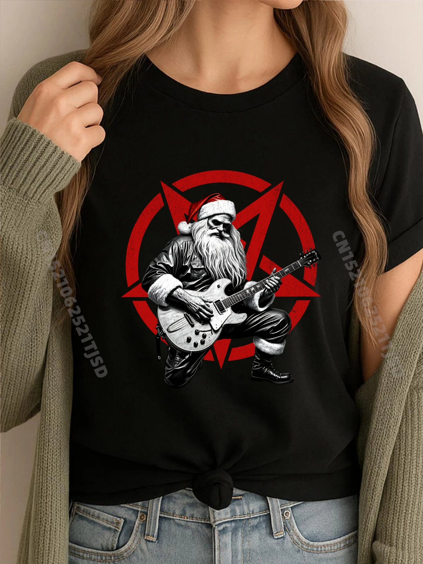 

Santa Christmas Metalhead Guitar Christian Tshirt Woman Anime T Shirts Tee Shirt for Woman Vaporwave