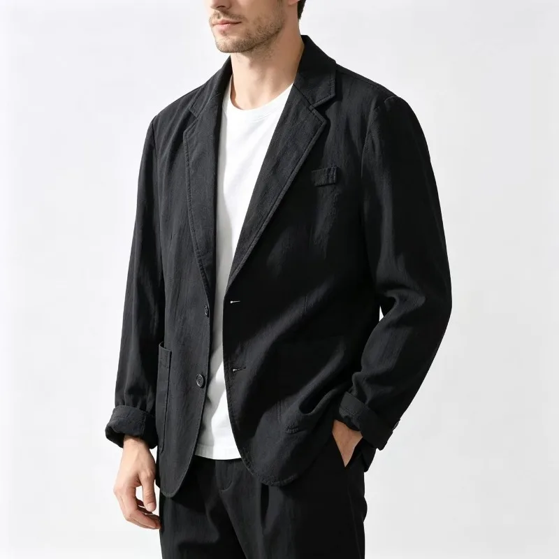 Herren-Blazer aus lockerer 100% Baumwolle, einreihige, lässige Anzugjacke mit Revers, atmungsaktiver, einfarbiger Mantel für den täglichen Gebrauch, für die Straße und den Urlaub. – Detail 4