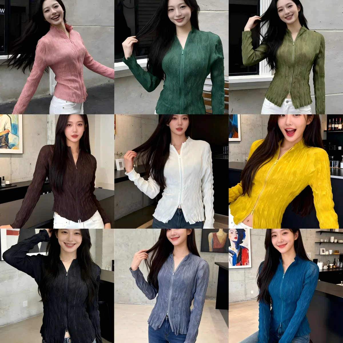 

Miyake Folds 2026 Japanese Wicker Ruffles Light Sheer Double Head Zipper Long Sleeve Short Cardigan Long Sleeve Shirt Female