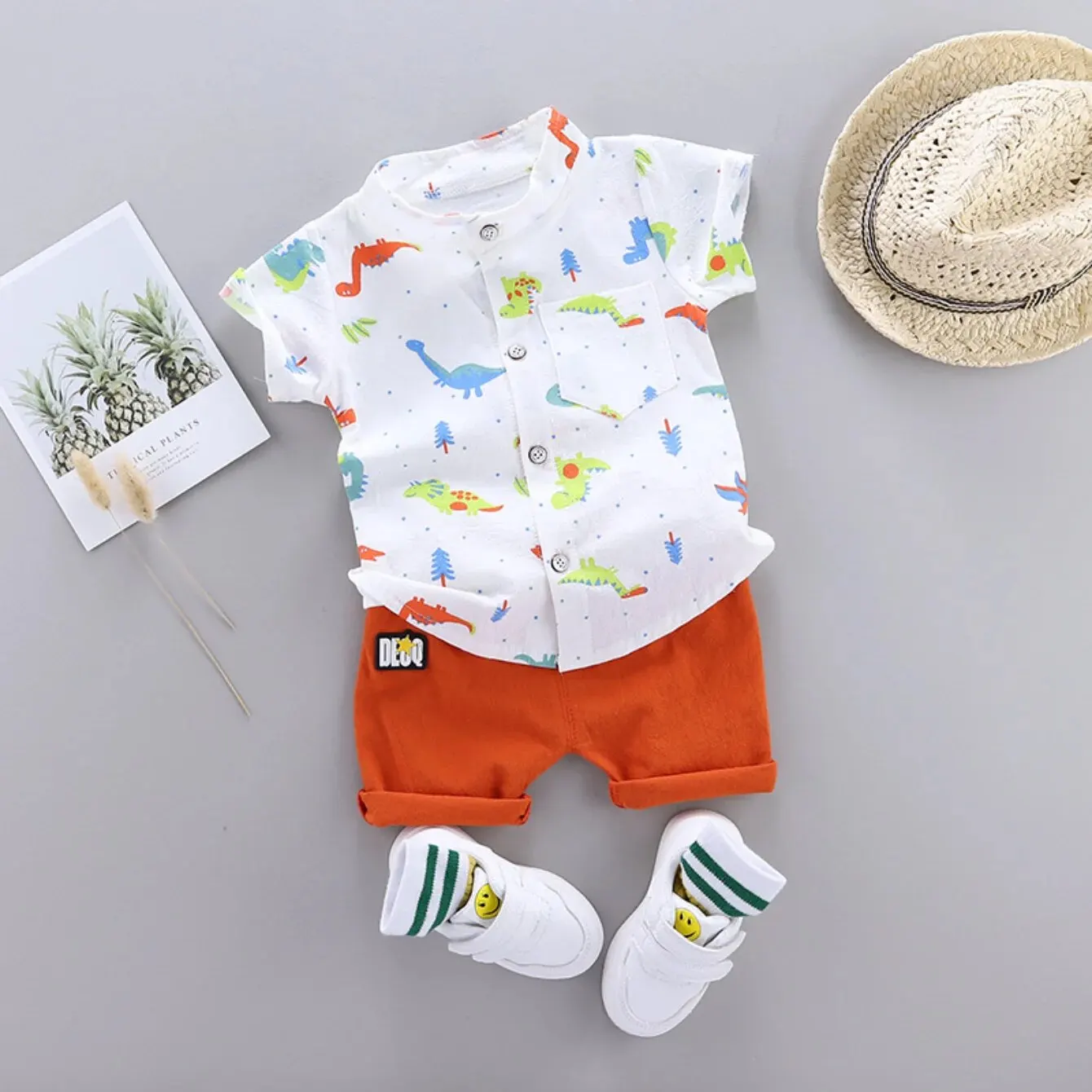 Summer Toddler Kids Clothing Short Sleeve Dinosaur Print Shirt Pant Two Piece Casual Suit Baby Boy Outfit Clothes