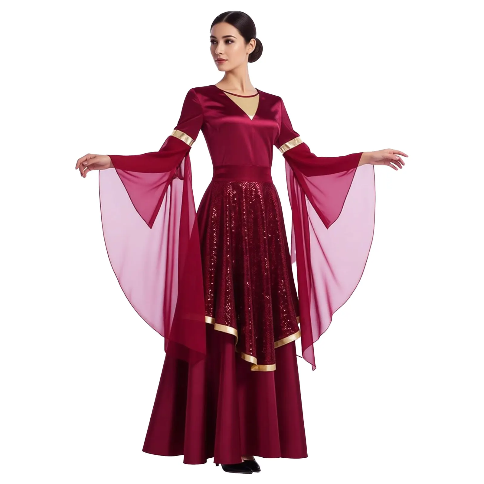 women-liturgical-praise-dance-costume-flared-sleeve-chiffon-overlay-tunic-dress-with-sequine-skirt-for-church-pray-worship-dance