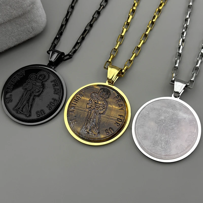 

St.Anthony Pray For Us Chain For Women Men Stainless Steel Natural Stone Faith Catholic Saint Jesus Chain Jewelry Accessories