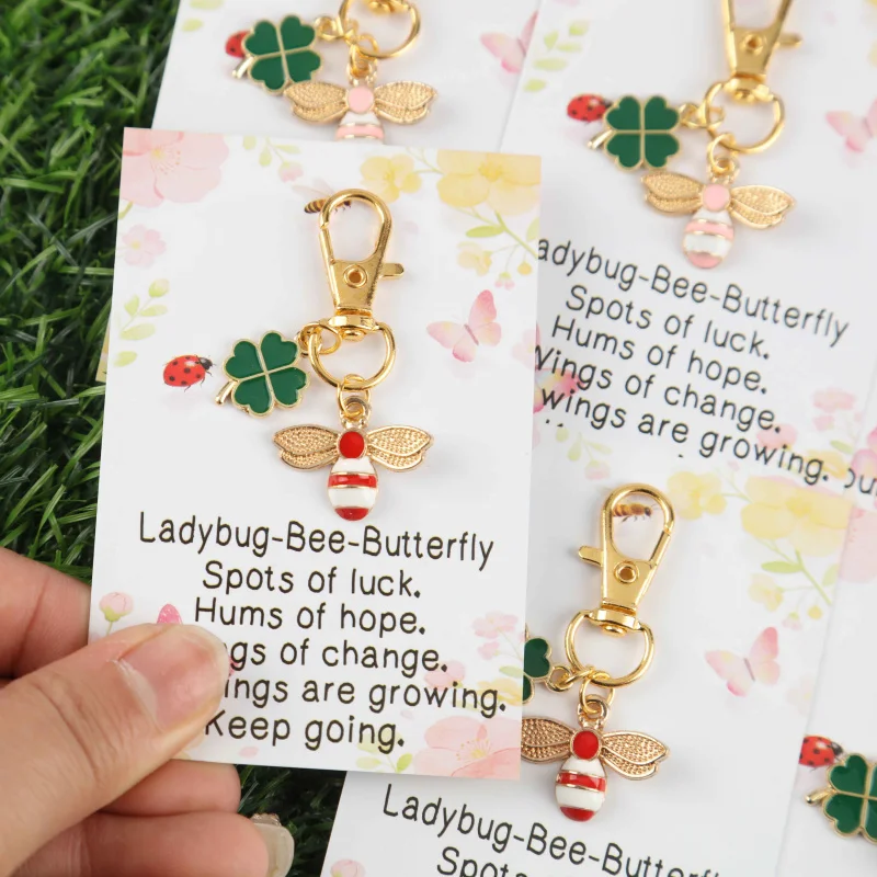2D 3/6pcsForest-themed little bee keychain set，Bee+Four-Leaf Clover+Ladybug combination，Like putting a small forest in a keychai
