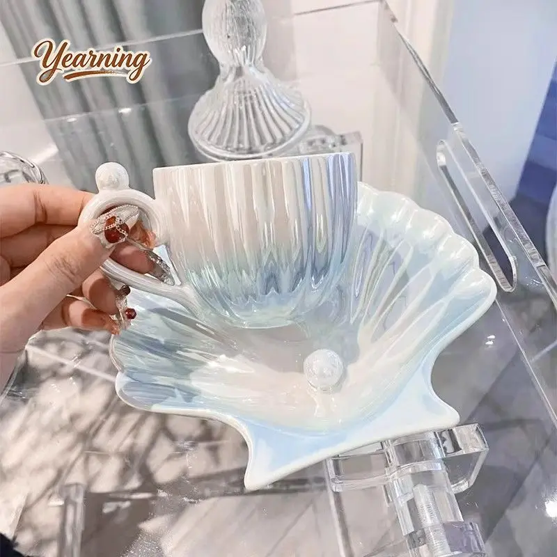 

Ins Style Shell Ceramic Mug with Pearl Saucer Set High Value Home Coffee Tea Cup for Her
