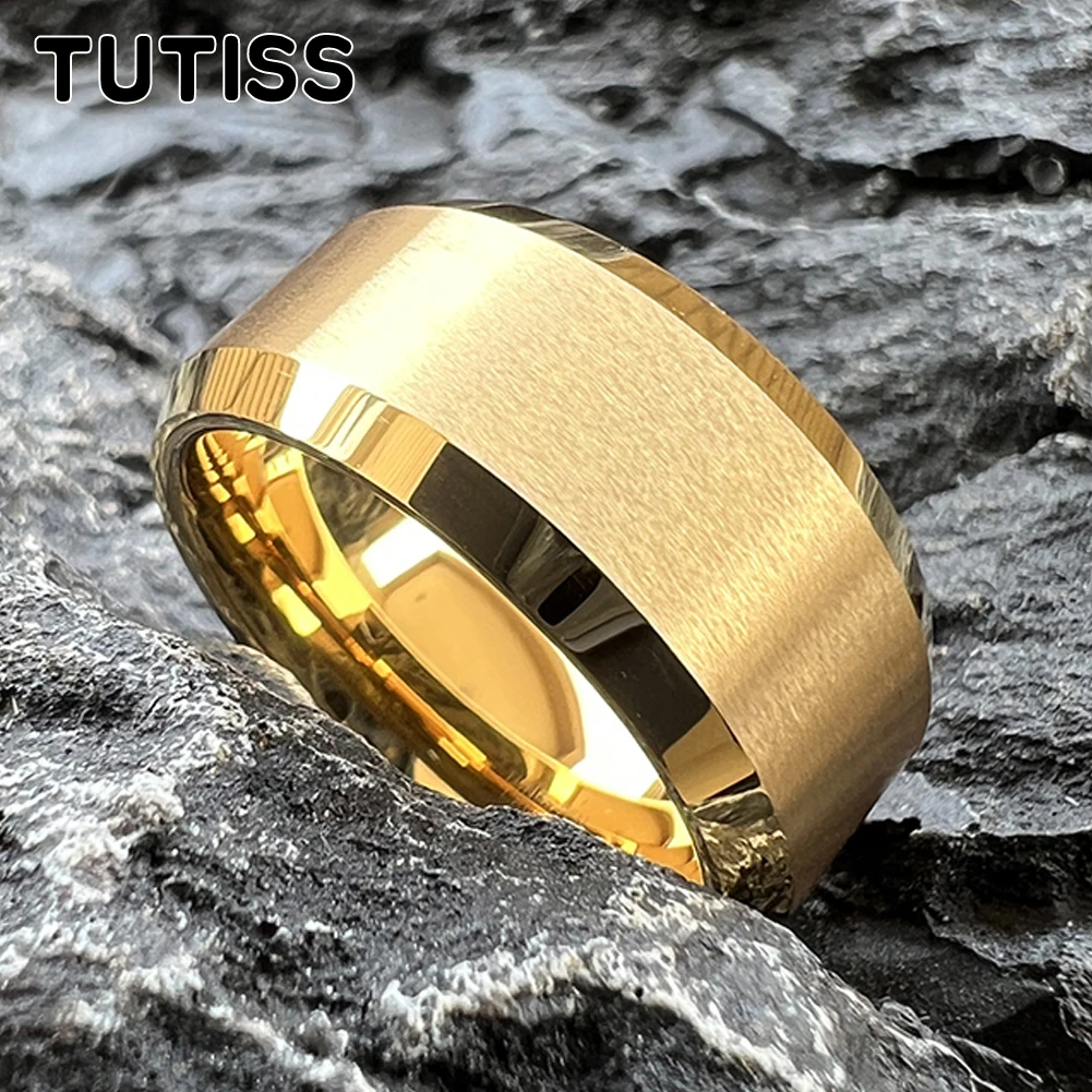 TUTISS 10mm Beveled Edges Matte Finish Gold Tungsten Carbide Ring for Men Women Fashion Engagement Wedding Band