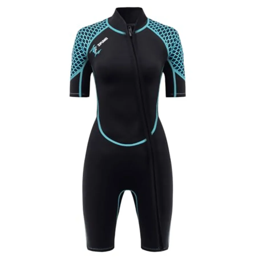 

Women's 3mm shorty wetsuit for cold-water snorkeling surfing swimming and scuba diving; neoprene material black color front-bac