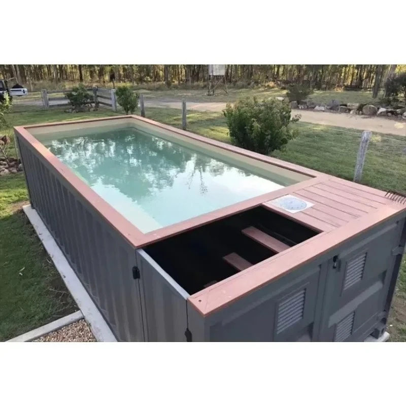 Piscina in fibra di vetro con design a contenitore: moderna modulare fuori terra nel cortile, installazione rapida, superficie antiscivolo durevole