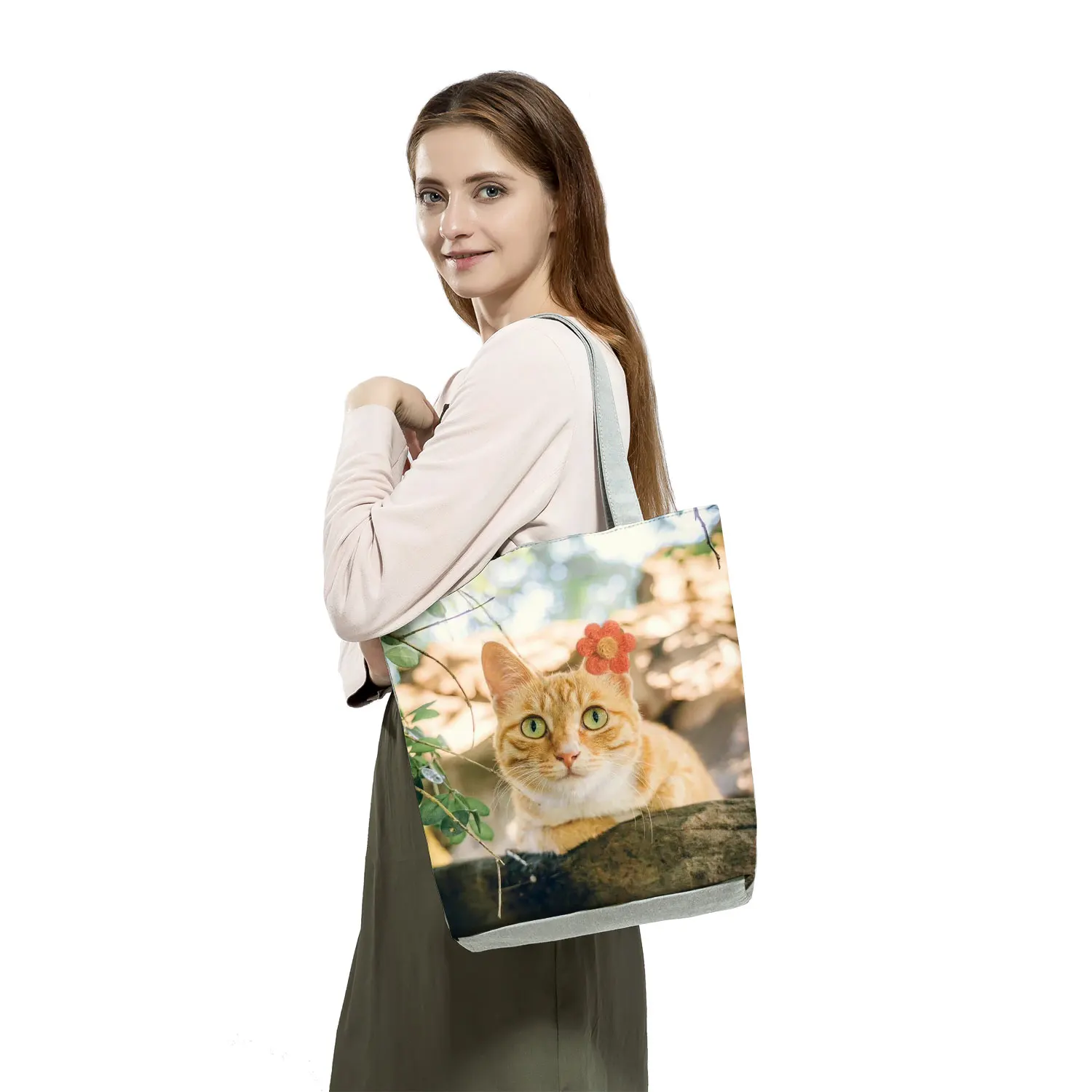 Cute Cat Shopping Bags Groceries Women Handbags Cartoon Animal Graphic Large Capacity Shoulder Bags Female Foldable Office Totes