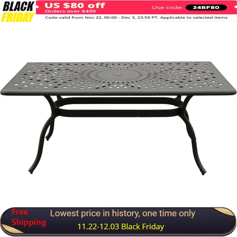 67-in Outdoor Table with Umbrella Hole,  Foot Glides, Modern Mesh Aluminum Rectangle Patio Table