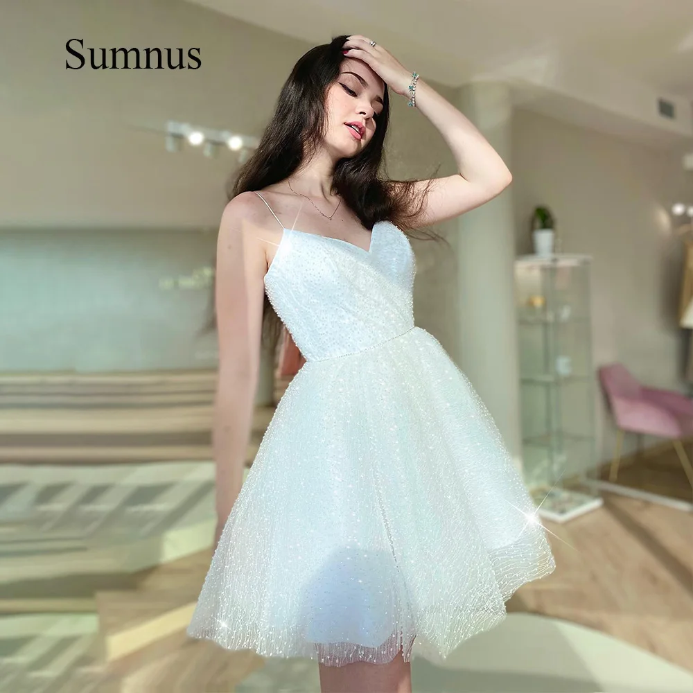 Sumnus Glitter Mini Wedding Dresses Spaghetti Straps Tulle A Line Short Wedding Party Gowns Above Knee Bride Dress V Neck