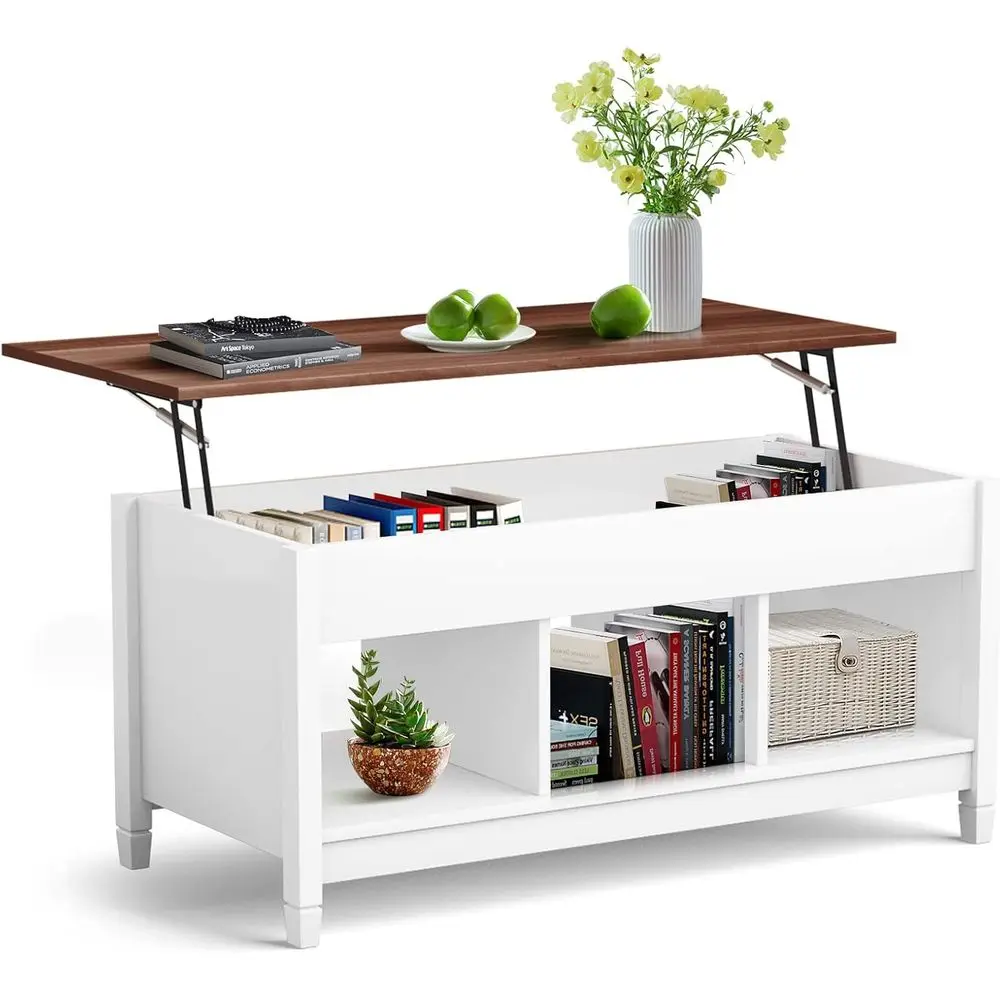 Hidden Compartment & Open Shelves Coffee Table, Modern Storage Table, Accent Lift-Top Table for Living/Reception Rooms (White)