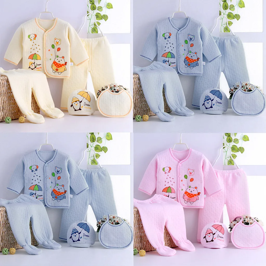 5pcs Newborn Baby Boy Girl Cartoon Long Sleeve Tops+Hat+Pants +Bib Outfits Set Children\'S Clothing Roupa Infantil Pra Menino