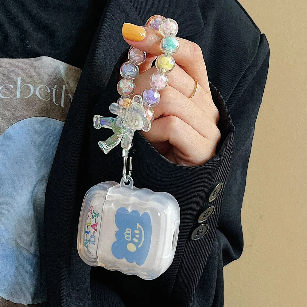 Прозрачный волнистый мягкий чехол для наушников Airpods Pro 1 2 3 Box с синим сердцем и улыбкой, милый медведь, подвеска