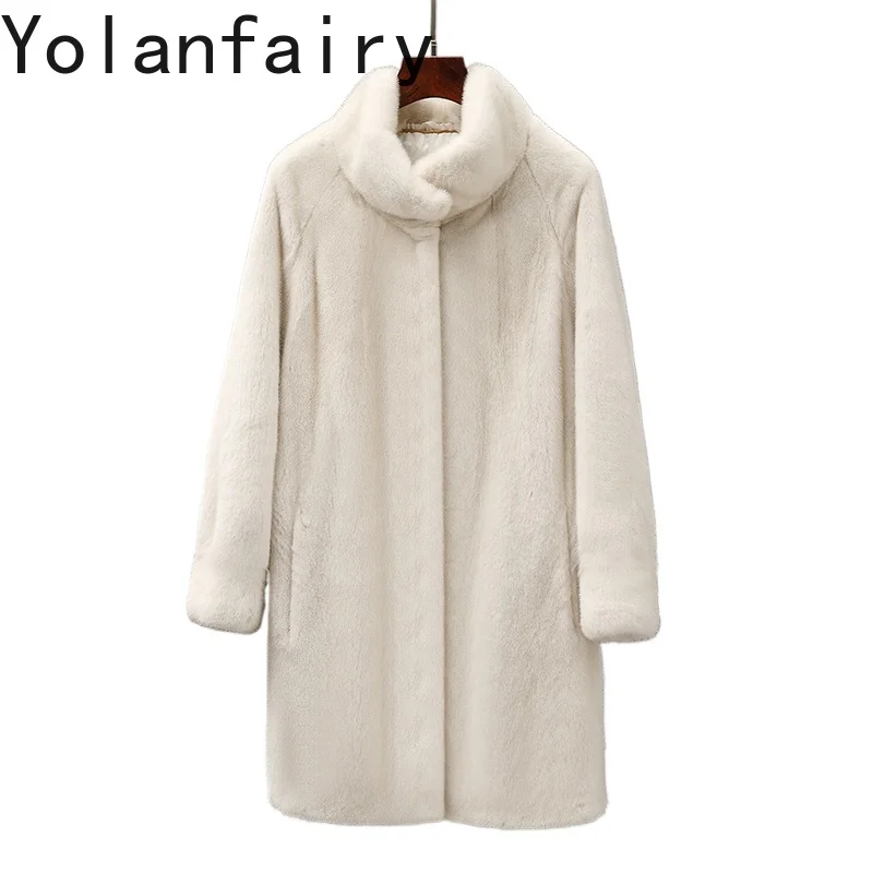YOLANFAIRY Wysokiej Jakości Kurtki z Naturalnego Futra Norki dla Kobiet Zimowe Średniej Długości Dopasowane Naturalne Futro Płaszcz Damski Kurtka z Norki Kołnierz typu Bread Collar